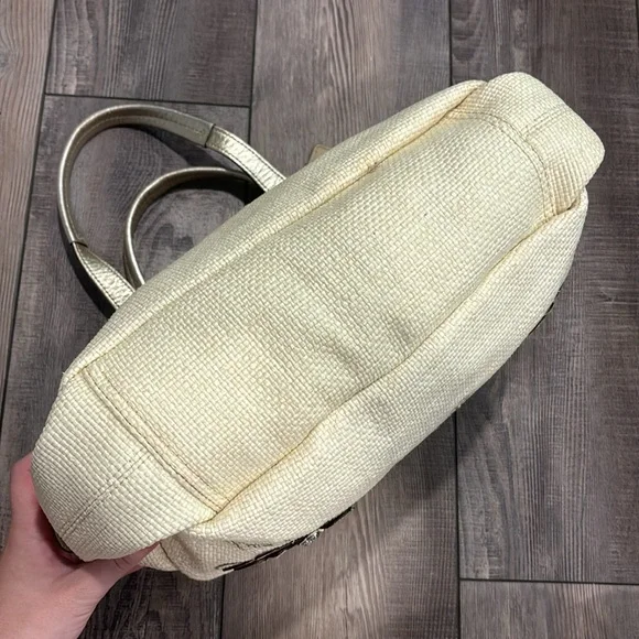 Coach Ivory Straw Embossed Embroidery Butterfly Gold Leather Trim Shoulder Bag - Picture 10 of 17